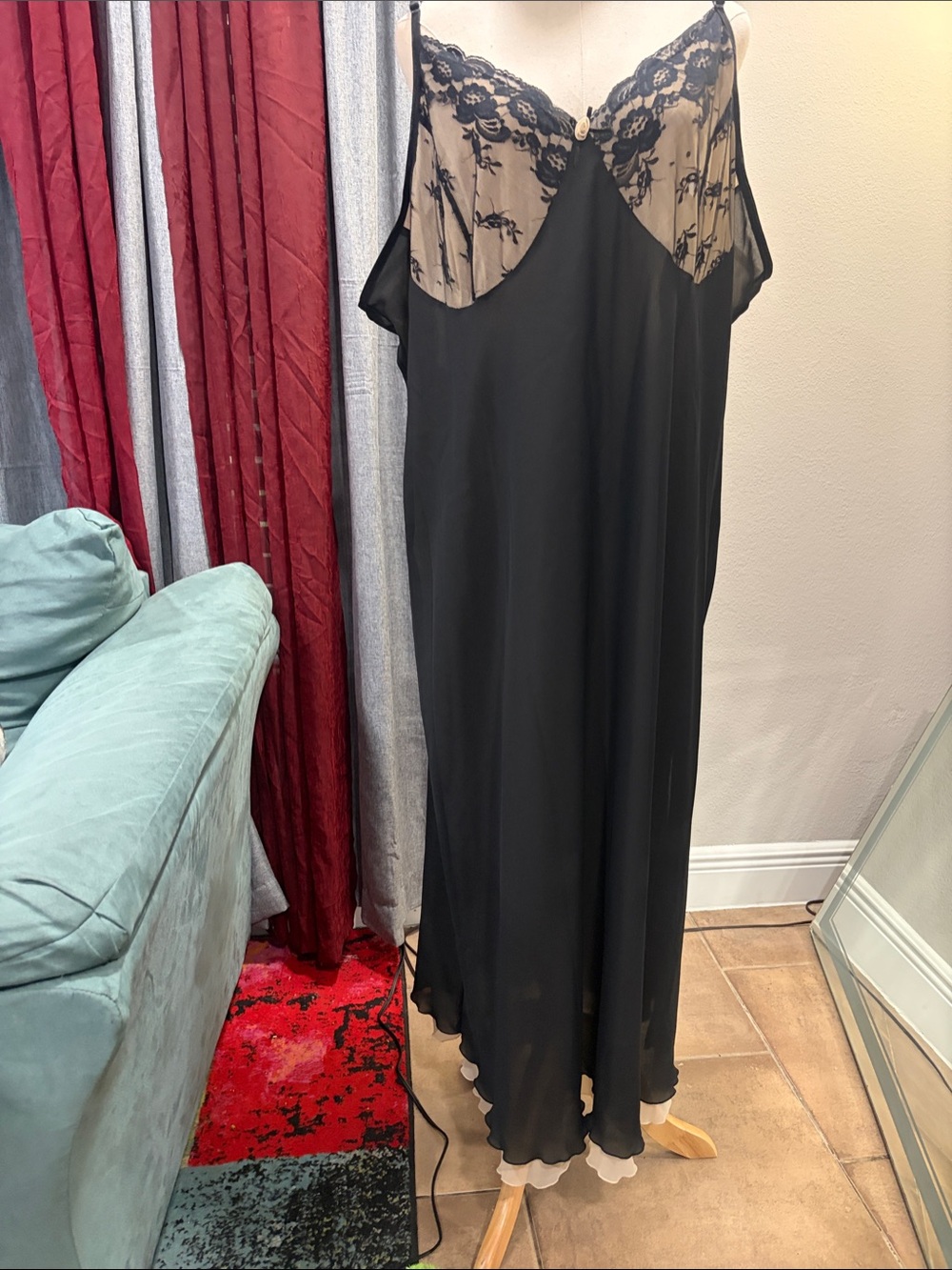 Avenue Black and Nude Lace Trim Slip Chemise